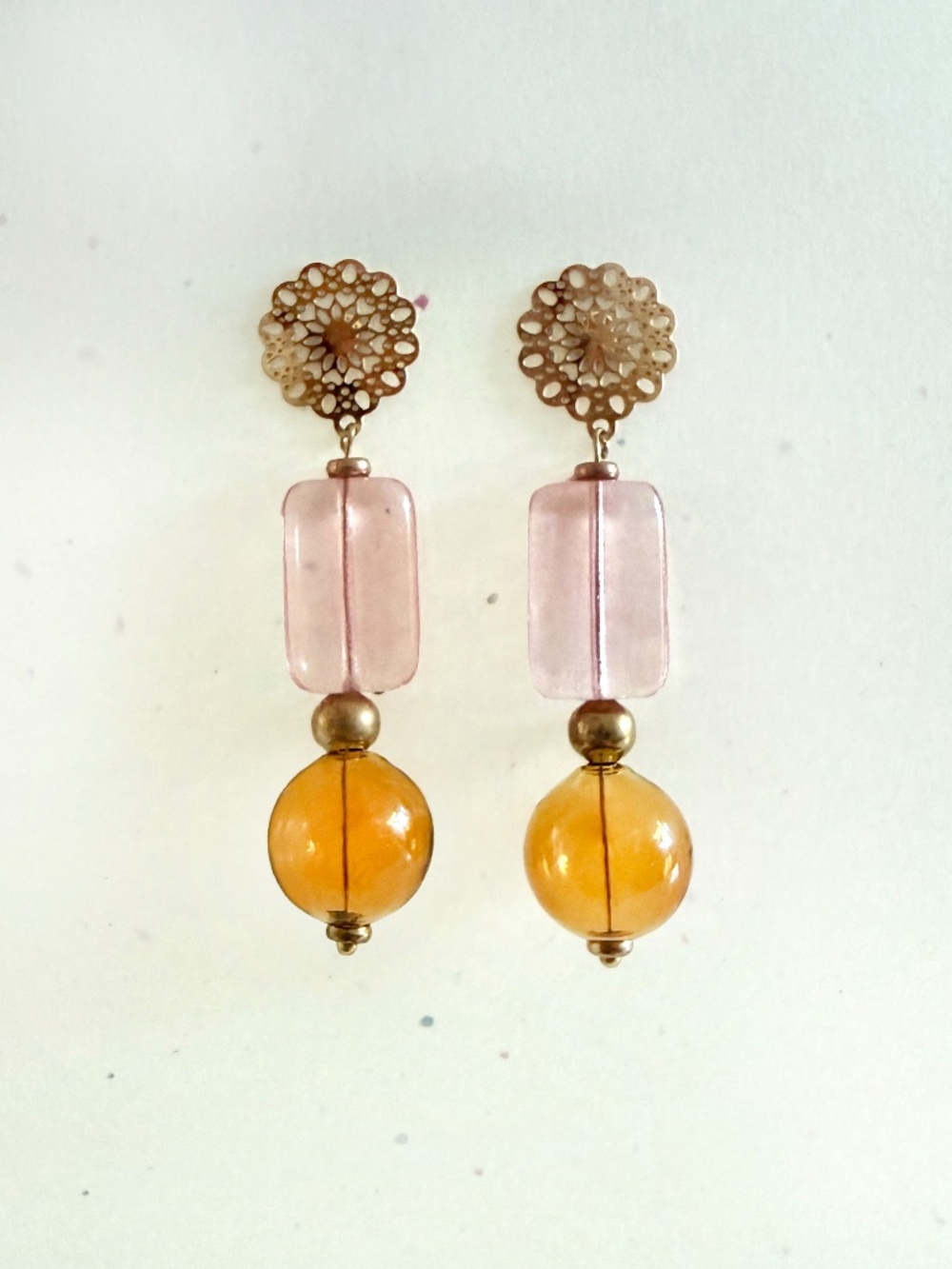 Handmade Blush Pink & Amber Glass Bubble Statement Earrings